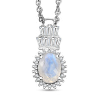 D'Joy Moon Glow Moonstone and White Zircon 1.70 ctw Moonlit Majesty Pendant in Platinum Over Sterling Silver with Stainless Steel Necklace 20 Inches