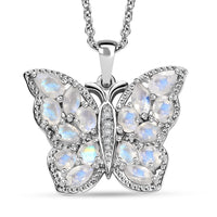 Karis Moon Glow Moonstone and White Zircon 2.65 ctw Moonfly Muse Pendant in Platinum Bond with Stainless Steel Necklace 20 Inches