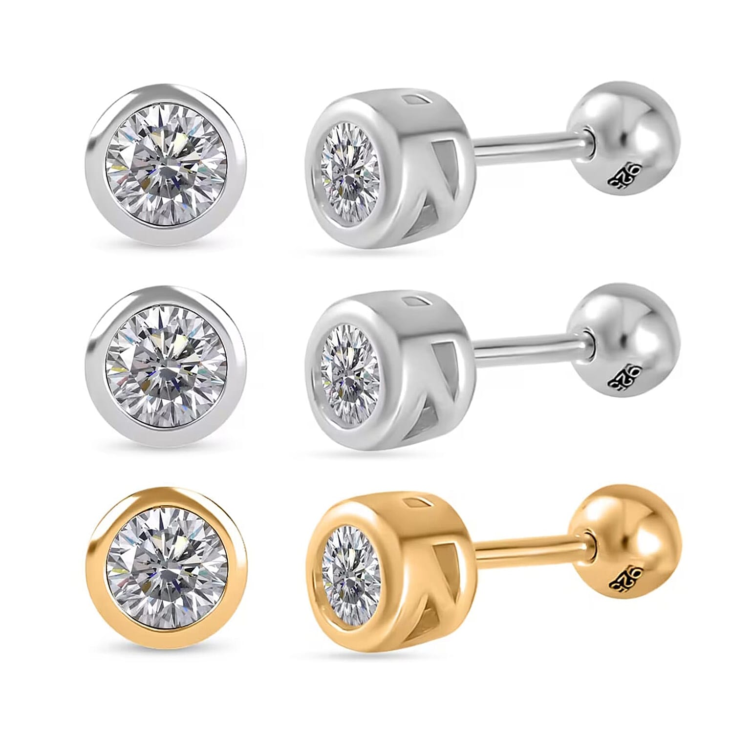 Set of 3 - Poke Free Moissanite Stud Earrings in Vermeil YG and Rhodium Over Sterling Silver 1.50 ctw (Del. In 10-12 Days)