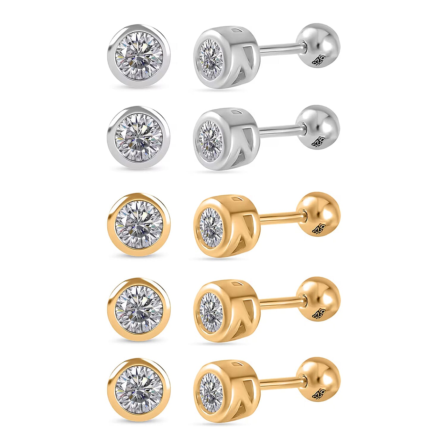 Set of 5 - Poke Free Moissanite Stud Earrings in Vermeil YG and Rhodium Over Sterling Silver 2.50 ctw (Del. In 10-12 Days)