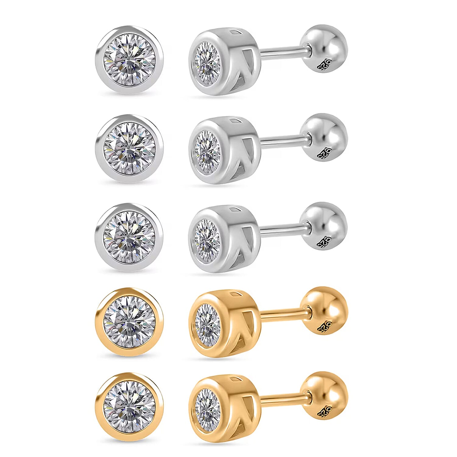 Set of 5 - Poke Free Moissanite Stud Earrings in Rhodium Over and Vermeil YG Over Sterling Silver 2.50 ctw (Del. In 10-12 Days)