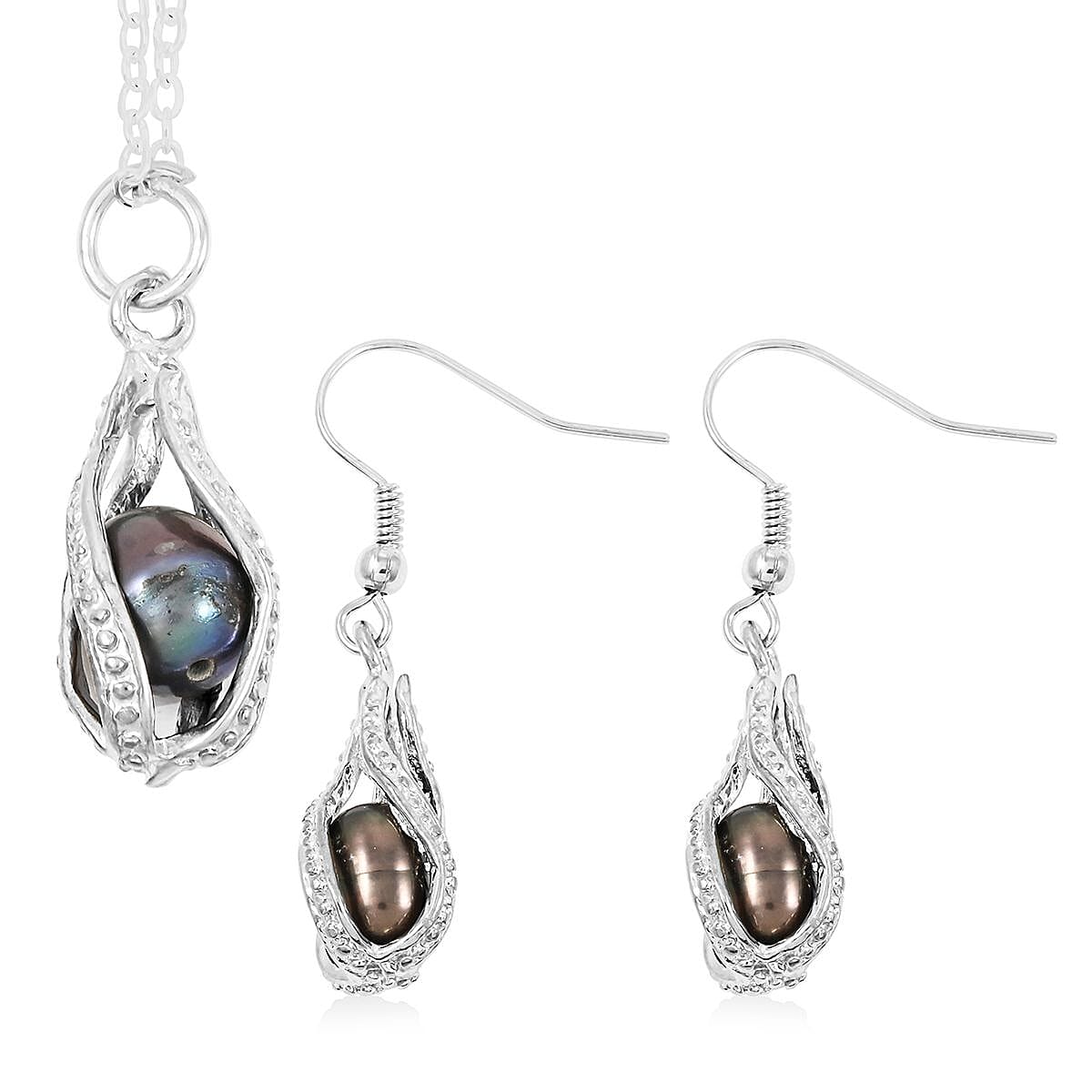 2 Piece Set - Freshwater Pearl Earrings and Pendant Necklace (18 Inches) in Silvertone