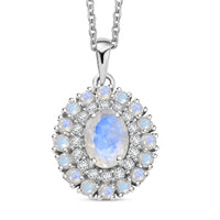 D'Joy Moon Glow Moonstone and White Zircon 2.35 ctw Celestial Elegance Pendant in Platinum Over Sterling Silver with Stainless Steel Necklace 20 Inches