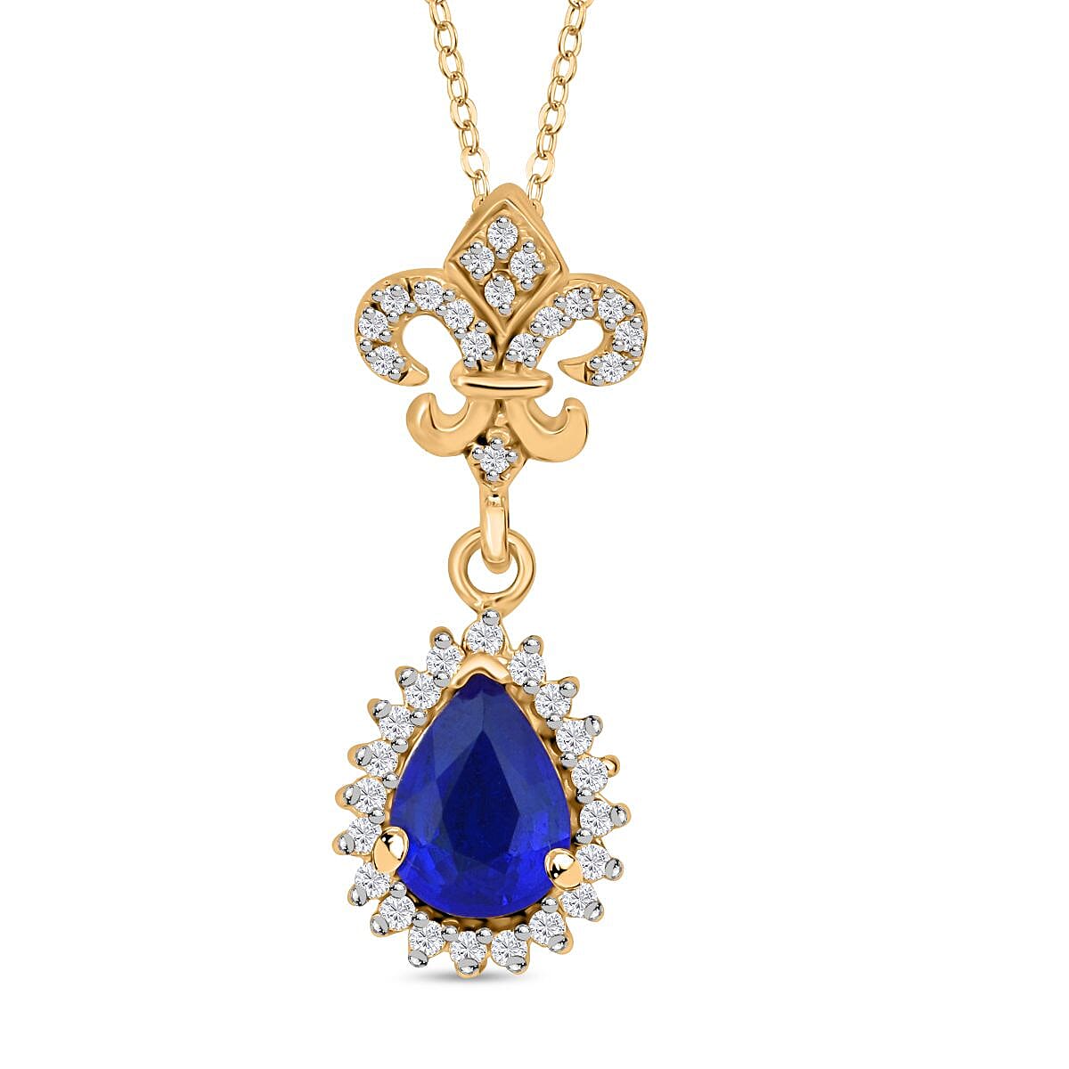 Premium Tanzanian Blue Spinel (DF) and Moissanite 1.30 ctw Fleur De Lis Pendant Necklace in 18K Vermeil Yellow Gold Over Sterling Silver 20 Inches