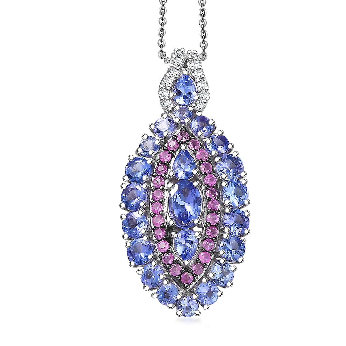 D'Joy Tanzanite, Multi Gemstone Pendant Necklace (20 Inches) in Rhodium Over Sterling 3.85 ctw
