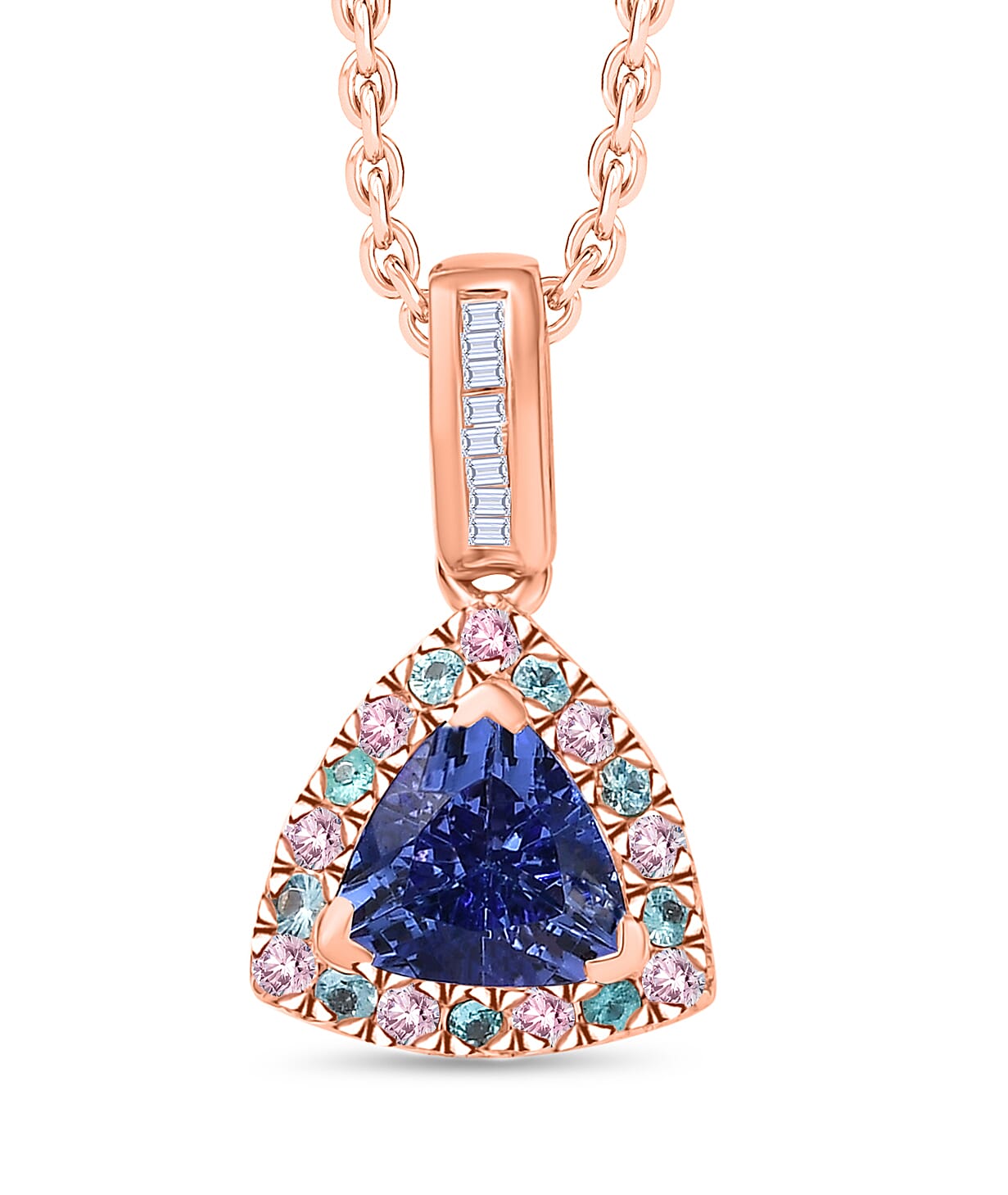 Luxoro Premium Tanzanite, Paraiba Tourmaline, Natural Pink and White Diamond I2 1.00 ctw Atlantis Crown Pendant Necklace in 10K Rose Gold 20 Inches