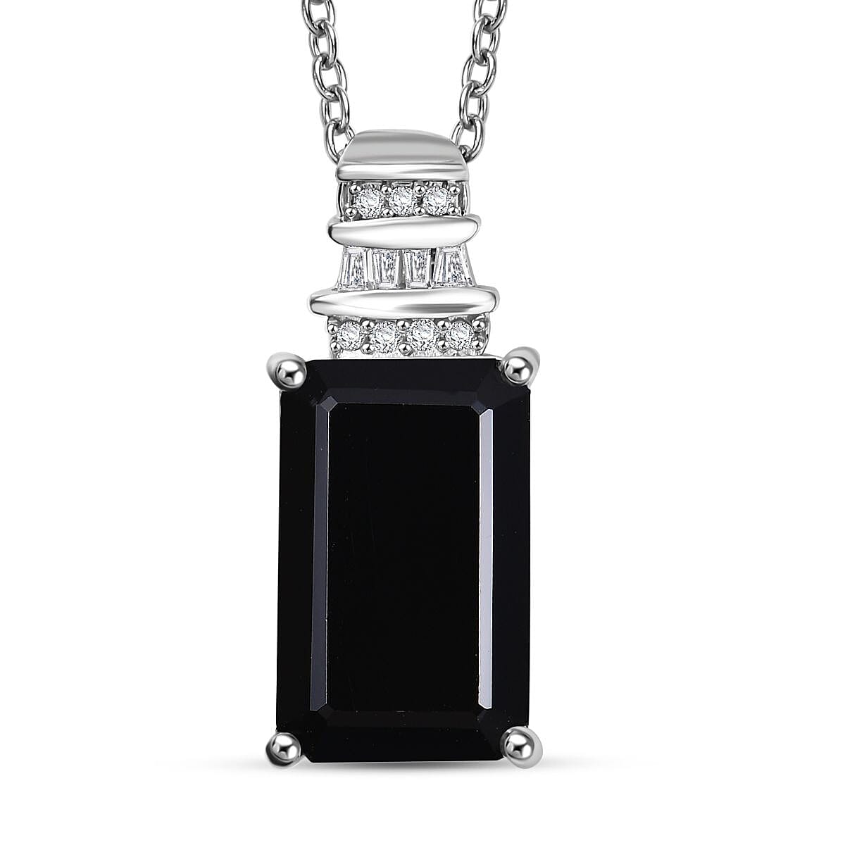 Thai Black Spinel and White Zircon 10.15 ctw Black Hole Boom Pendant Necklace 20 Inches in Stainless Steel