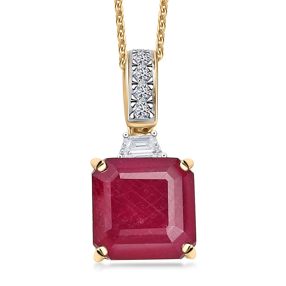 AAA Niassa Ruby (FF) and Luxuriant Lab Grown Diamond E-F VS 10.40 ctw Pendant Necklace in 10K Yellow Gold 20 Inches