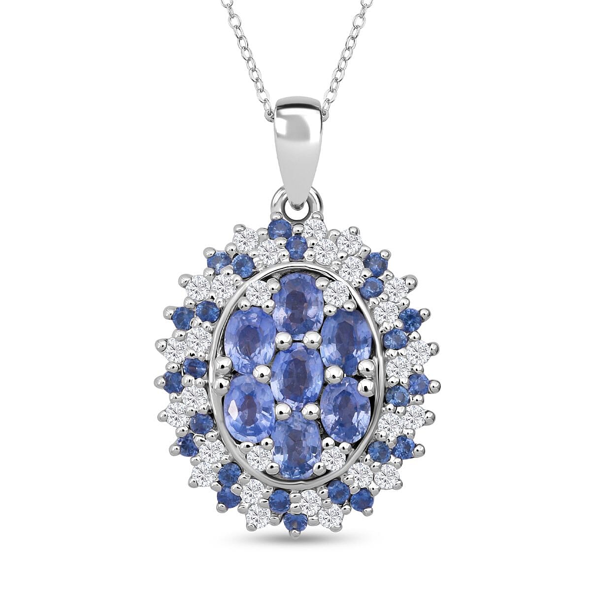 Premium Ceylon Blue Sapphire and Moissanite 2.40 ctw Celestial Crown Pendant Necklace in Rhodium Over Sterling Silver 20 Inches
