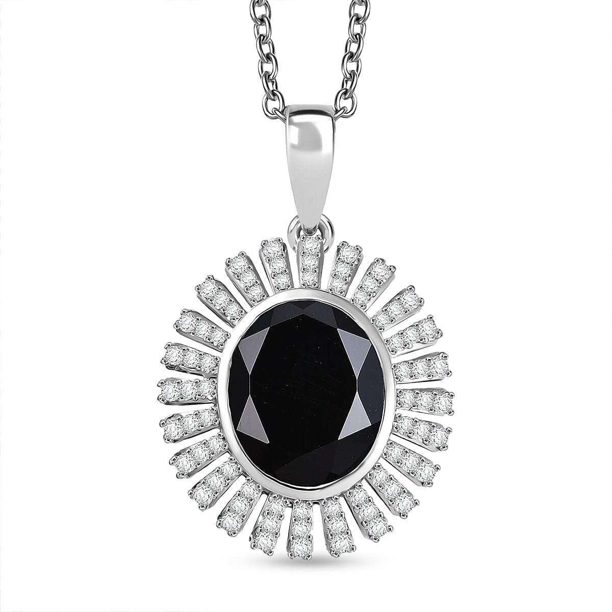 Thai Black Spinel and White Zircon 5.00 ctw Starburst Pendant Necklace 20 Inches in Stainless Steel