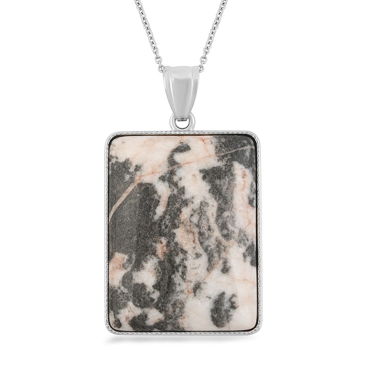 Plain Rectangle Inlay Frame Pink Zebra Jasper Pendant in Silvertone with Stainless Steel Necklace (20 Inches) 94.00 ctw