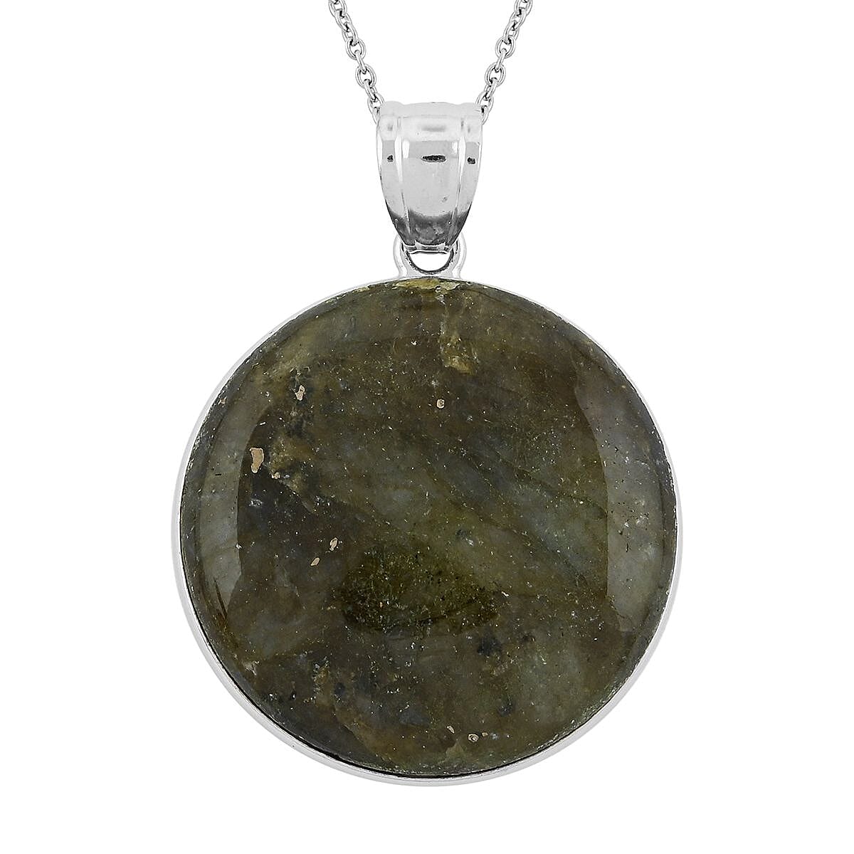 Inlay Frame Round Hand-Polished Labradorite 59.00 ctw Pendant in Silvertone with Stainless Steel Necklace (20 Inches)