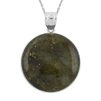 Inlay Frame Round Hand-Polished Labradorite 59.00 ctw Pendant in Silvertone with Stainless Steel Necklace (20 Inches)