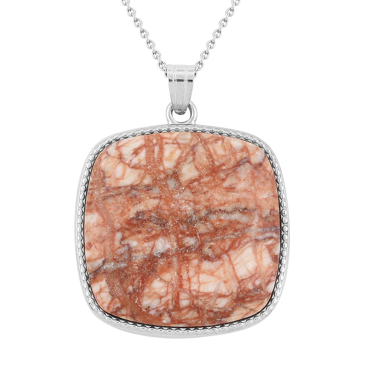 Plain Square Pink Web Jasper 66.00 ctw Inlay Frame Pendant in Silvertone with Stainless Steel Necklace (20 Inches)