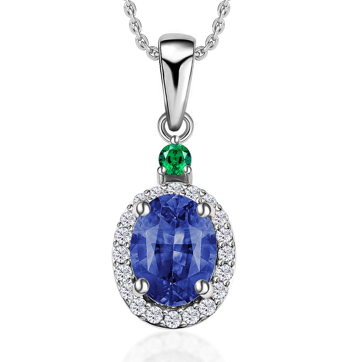 Luxoro Premium Tanzanite, Boyaca Colombian Emerald and G-H I1 Diamond 1.60 ctw Pendant Necklace 20 Inches in 14K White Gold