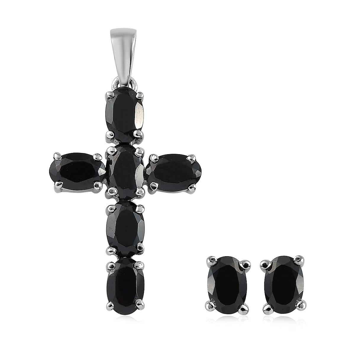 Natural Thai Black Spinel Cross Pendant and Solitaire Stud Earrings in Stainless Steel 4.60 ctw