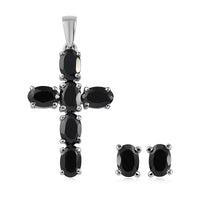 Natural Thai Black Spinel Cross Pendant and Solitaire Stud Earrings in Stainless Steel 4.60 ctw