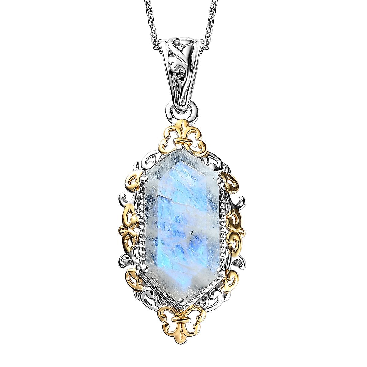 Kuisa Rainbow Moonstone Pendant Necklace 20 Inches in Vermeil Yellow Gold and Platinum Over Sterling Silver 5.25 ctw