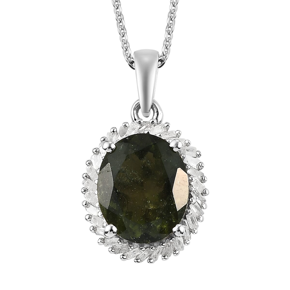 AAA Bohemian Moldavite and Diamond Halo Pendant Necklace 20 Inches in Platinum Over Sterling Silver 3.25 ctw