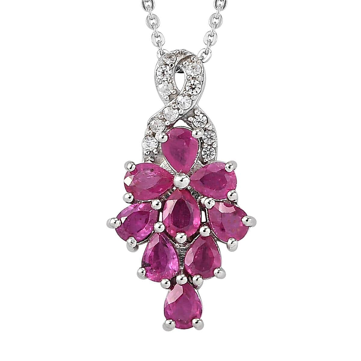 Premium Mozambique Ruby and Natural White Zircon Cluster Pendant Necklace 20 Inches in Platinum Over Sterling Silver 1.90 ctw
