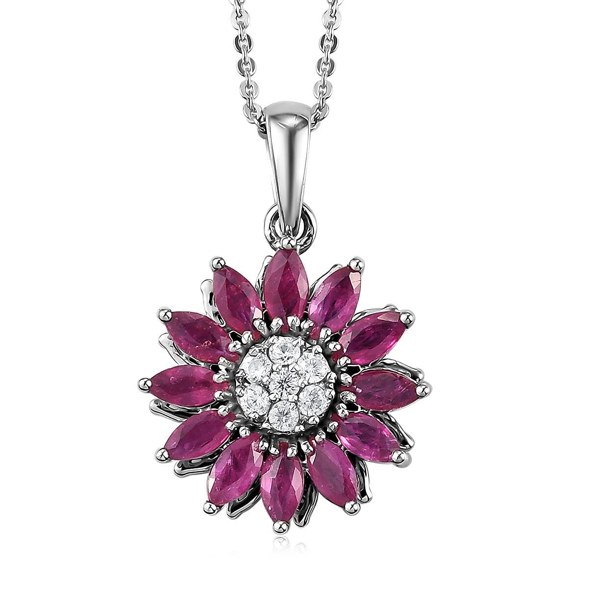 Premium Mozambique Ruby and White Zircon Sunflower Pendant Necklace 20 Inches in Platinum Over Sterling Silver 2.15 ctw