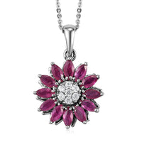 Premium Mozambique Ruby and White Zircon Sunflower Pendant Necklace 20 Inches in Platinum Over Sterling Silver 2.15 ctw