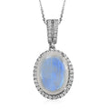 Premium Rainbow Moonstone and White Zircon Halo Pendant Necklace 20 Inches in Platinum Over Sterling Silver 10.25 ctw - Sticky add to cart bar