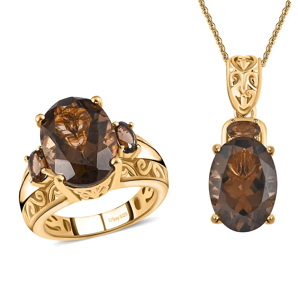 Doorbuster Premium Brazilian Smoky Quartz Ring and Pendant Necklace 20 Inches in Vermeil Yellow Gold Over Sterling Silver and Stainless Steel and Stainless Steel 8.15 Grams 12.00 ctw