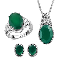 Doorbuster Green Onyx Solitaire Ring Stud Earrings and Solitaire Pendant Necklace 20 Inches in Stainless Steel 10.60 ctw