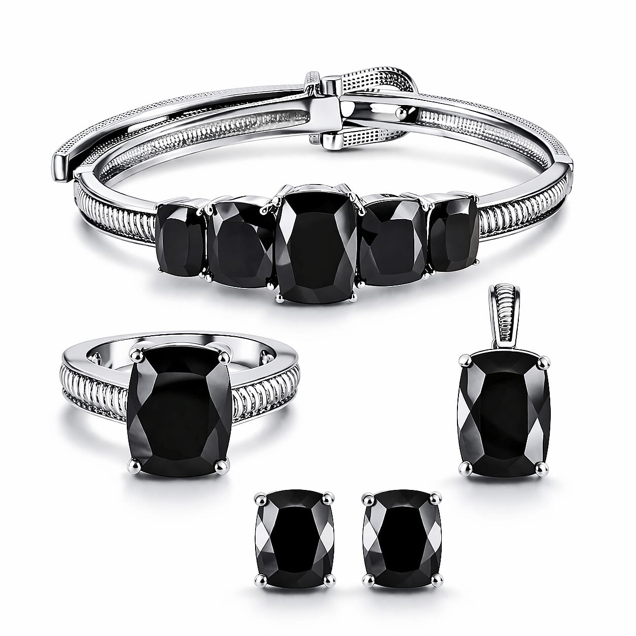 Thai Black Spinel 46.75 ctw Solitaire Earrings, Ring (Size 8.0), Bangle Bracelet (6.5 In) and Pendant without Chain in Stainless Steel