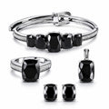 Thai Black Spinel 46.75 ctw Solitaire Earrings, Ring (Size 8.0), Bangle Bracelet (6.5 In) and Pendant without Chain in Stainless Steel - Sticky add to cart bar