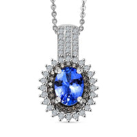 D'Joy Premium Tanzanite, Natural Champagne and White Diamond 1.80 ctw Sunburst Pendant Necklace 20 Inches in Rhodium Over Sterling Silver