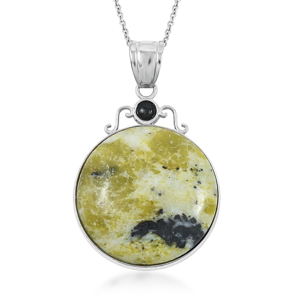Plain Coyote Moon & Sun Yellow Turquoise Jasper 44.00 ctw Pendant in Silvertone with Stainless Steel Necklace (20 Inches)