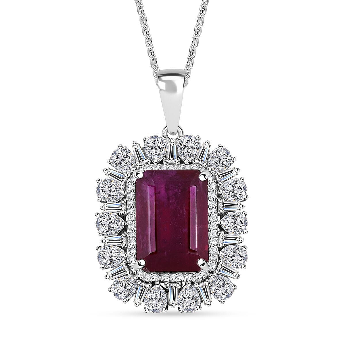 D'Joy Premium Niassa Ruby (FF) and Moissanite 14.40 ctw Firecracker Pendant Necklace in Rhodium Over Sterling Silver 20 Inches