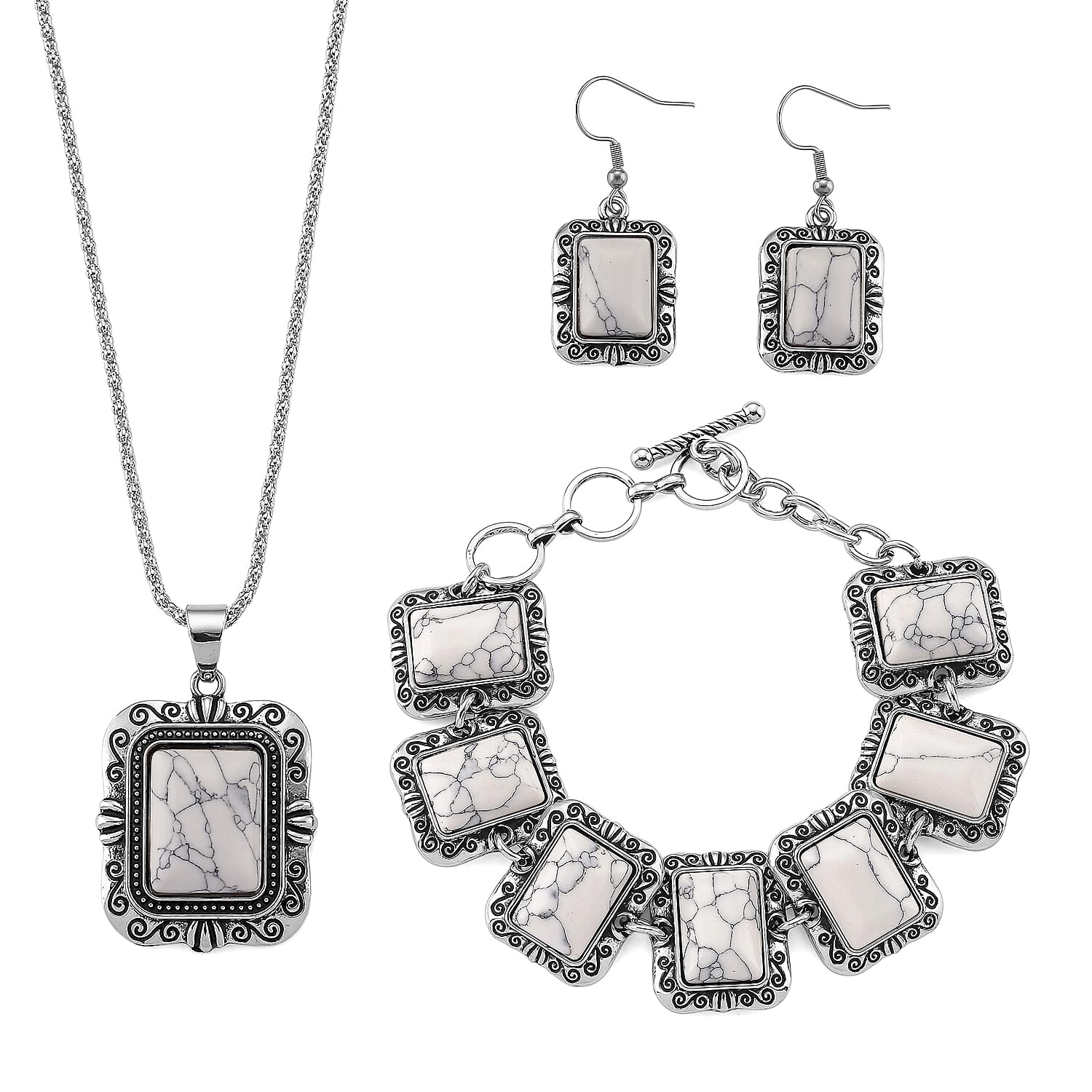 3pcs Set - White Howlite Earrings, Bracelet (6.50-8.0In) and Necklace (20 Inches) in Silvertone 150.00 ctw