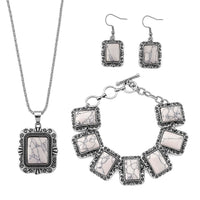 3pcs Set - White Howlite Earrings, Bracelet (6.50-8.0In) and Necklace (20 Inches) in Silvertone 150.00 ctw