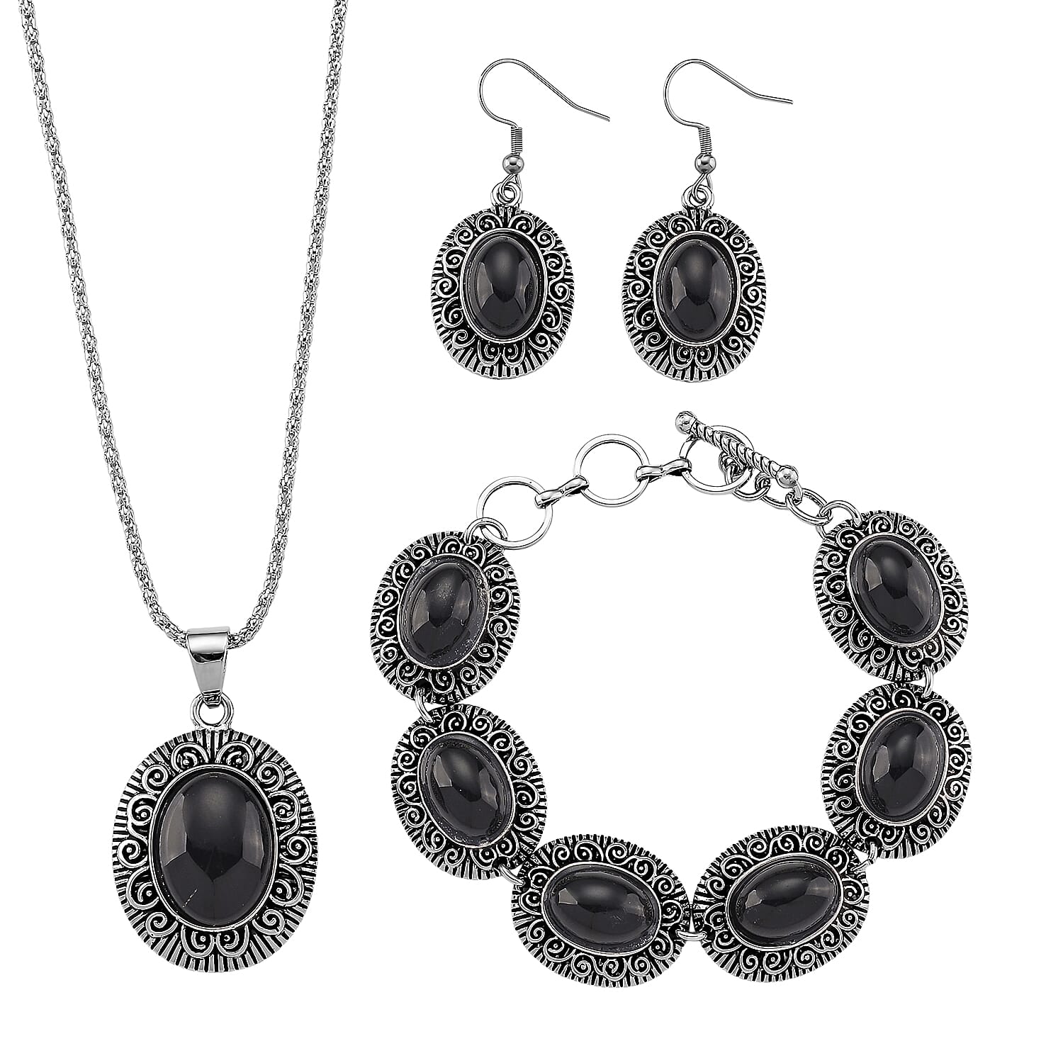 3pcs Set - Black Obsidian Earrings, Bracelet (6.50-8.0In) and Necklace (20 Inches) in Silvertone 150.00 ctw