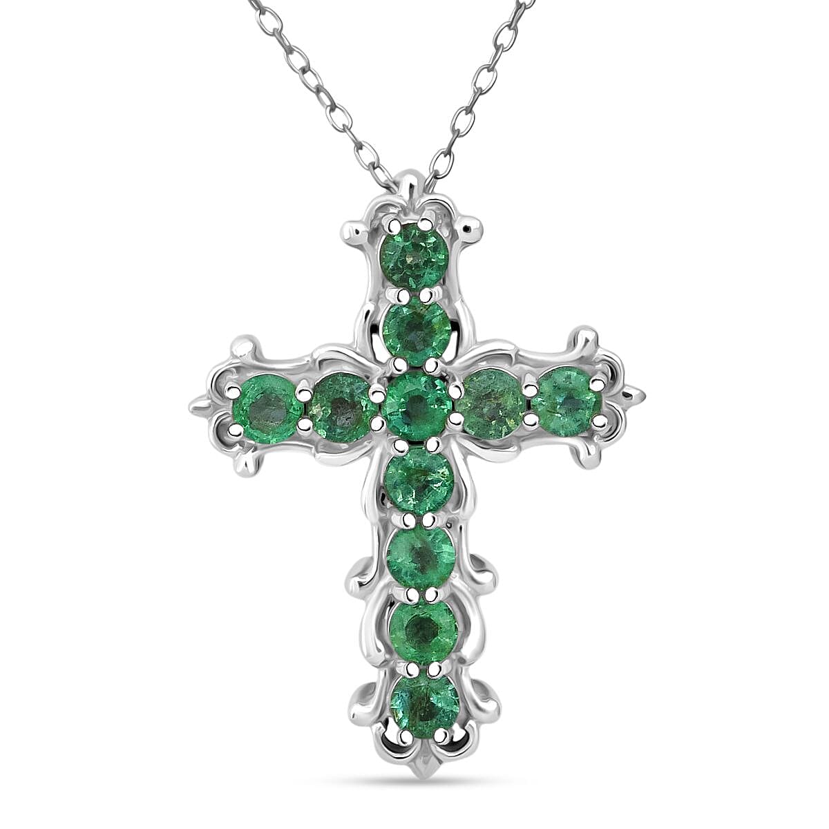 Premium Kagem Zambian Emerald 1.25 ctw Vintage Cross Pendant Necklace in Rhodium Over Sterling Silver 20 Inches