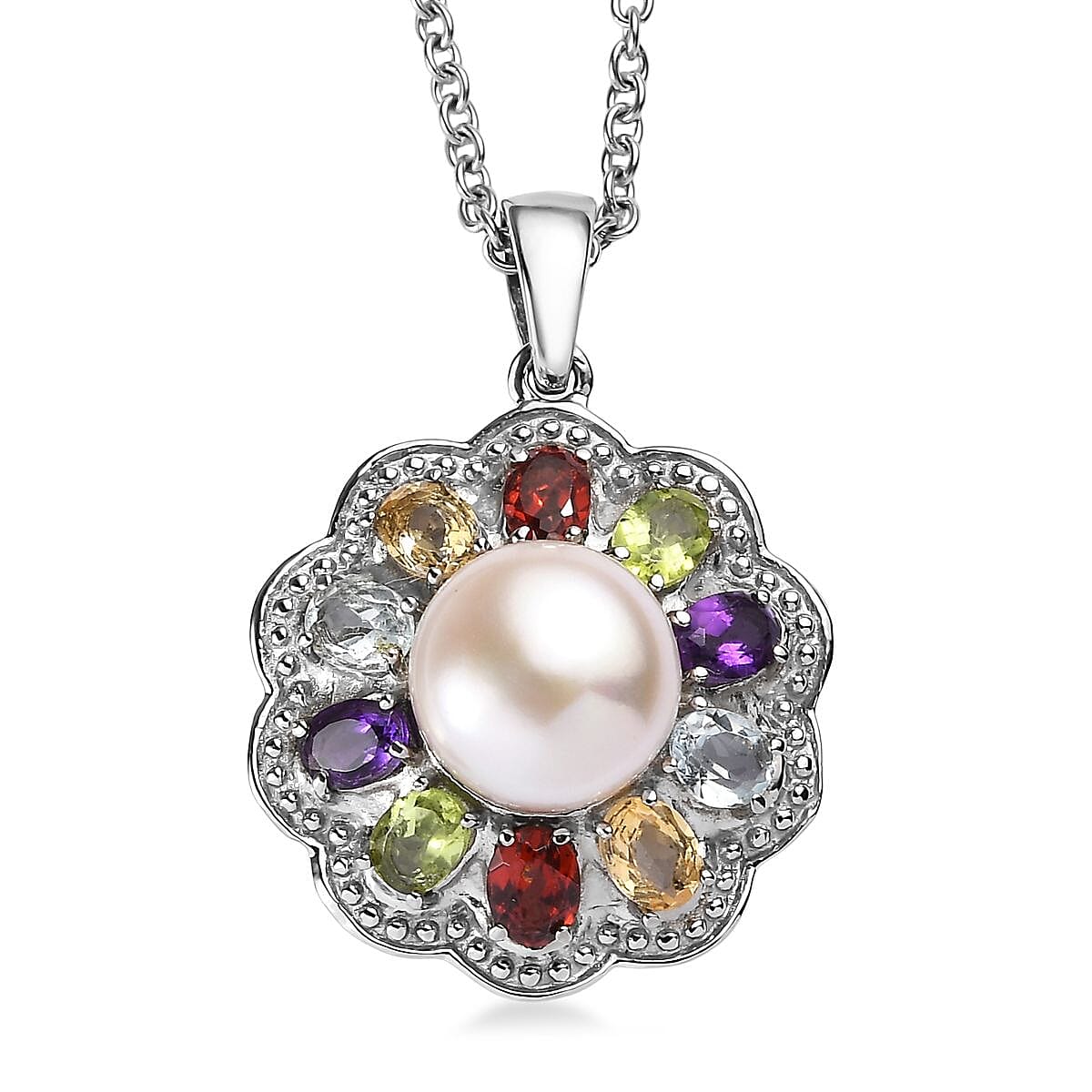 EverTrue Lavender Pearl and Multi Gemstone 1.80 ctw Celestial Garden Pendant Necklace 20 Inches in Stainless Steel