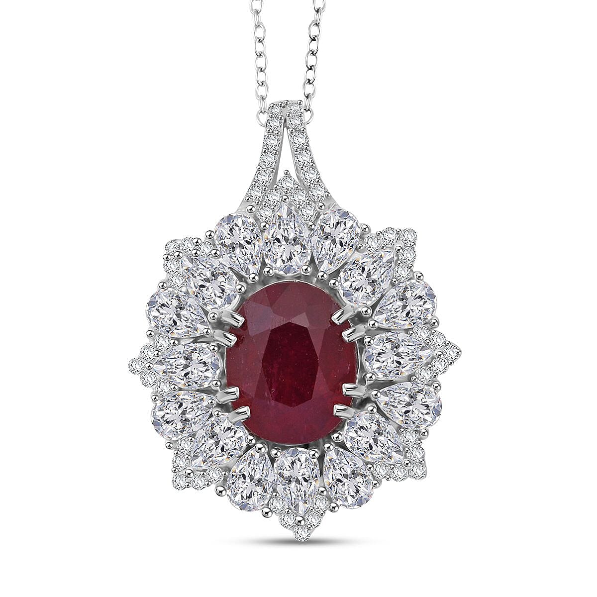 D'Joy Niassa Ruby (FF) and Moissanite 8.65 ctw Floral Pendant Necklace in Rhodium Over Sterling Silver 20 Inches