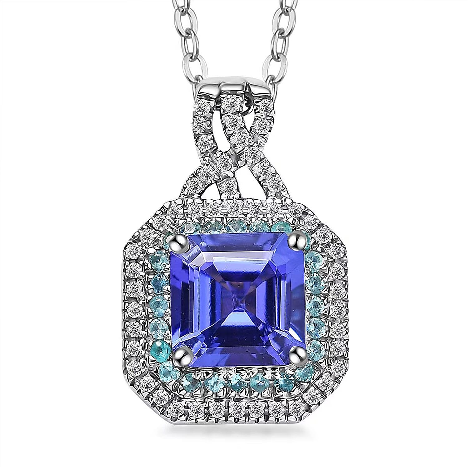 Rhapsody AAAA Tanzanite, Paraiba Tourmaline and E-F VS Diamond 3.20 ctw Midnight Deco Pendant Necklace in 950 Platinum 20 Inches