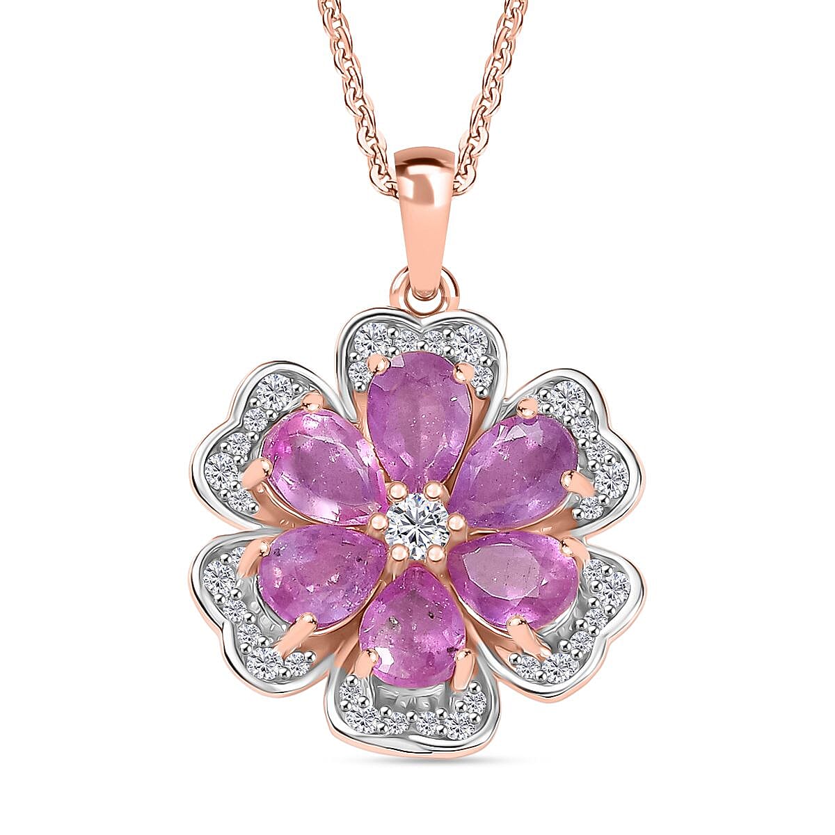 D'Joy Ilakaka Hot Pink Sapphire (FF) and White Zircon 4.00 ctw Floret Glow Pendant Necklace in 18K Vermeil Rose Gold Over Sterling Silver 20 Inches