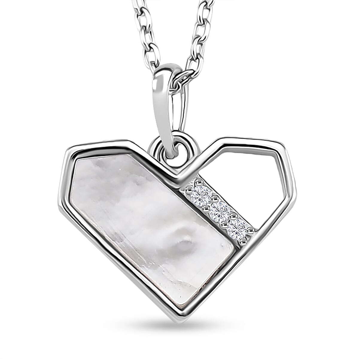 White Mother of Pearl, Simulated Diamond Pendant Necklace (17.5 Inches) in Rhodium Over Sterling Silver