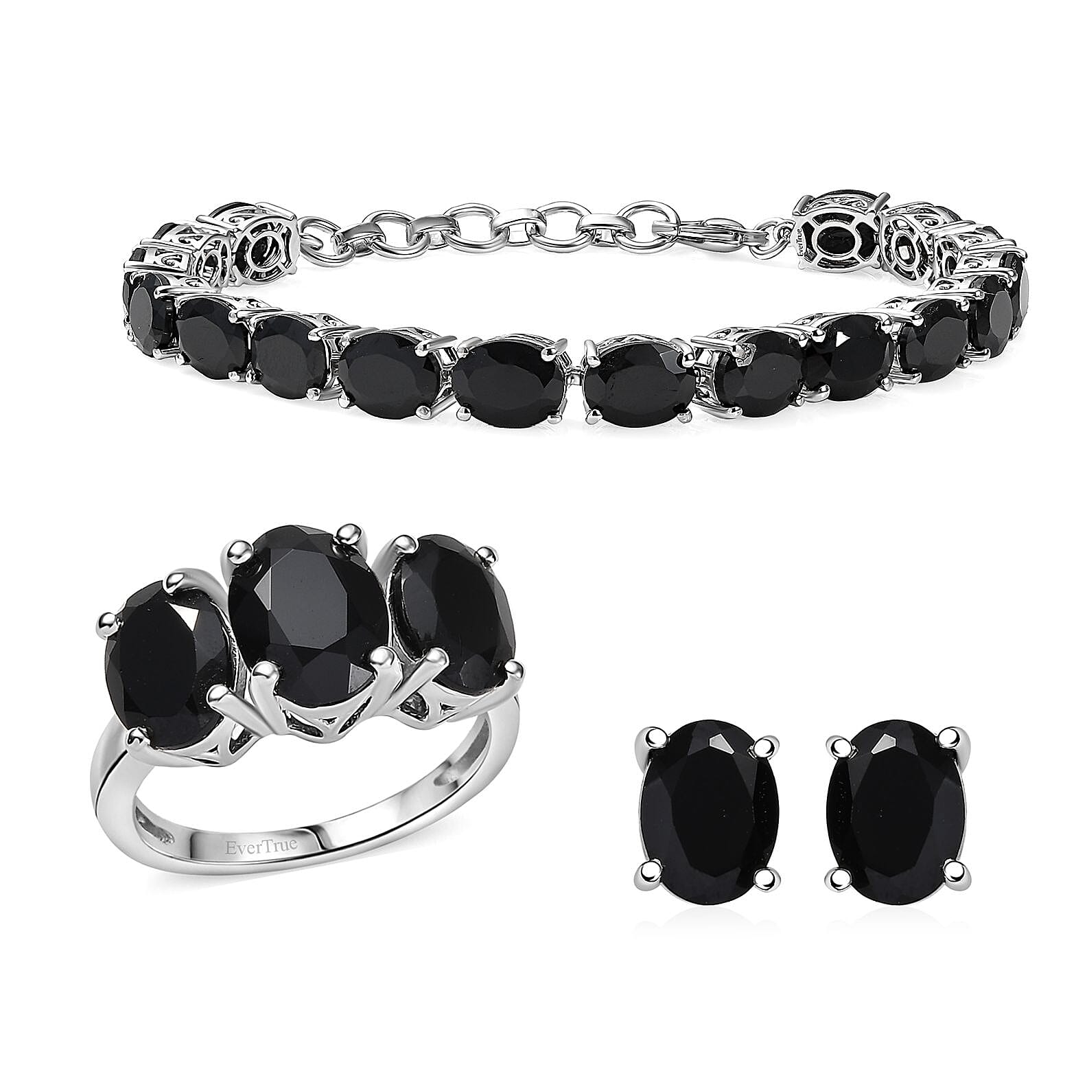 Ever True Thai Black Spinel 47.70 ctw 3 Stone Ring (Size 5), Bracelet (8.5in) and Stud Earrings in Platinum Bond