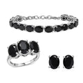 Ever True Thai Black Spinel 47.70 ctw 3 Stone Ring (Size 5), Bracelet (8.5in) and Stud Earrings in Platinum Bond - Sticky add to cart bar