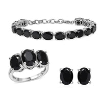 Ever True Thai Black Spinel 47.70 ctw 3 Stone Ring (Size 5), Bracelet (8.5in) and Stud Earrings in Platinum Bond