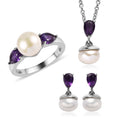 Ever True White Freshwater Pearl, African Amethyst Twilight Elegance Earrings, Ring (Size 5), Pendant Necklace (20 Inches) in Stainless Steel 1.90 ctw - Sticky add to cart bar