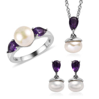 Ever True White Freshwater Pearl, African Amethyst Twilight Elegance Earrings, Ring (Size 5), Pendant Necklace (20 Inches) in Stainless Steel 1.90 ctw