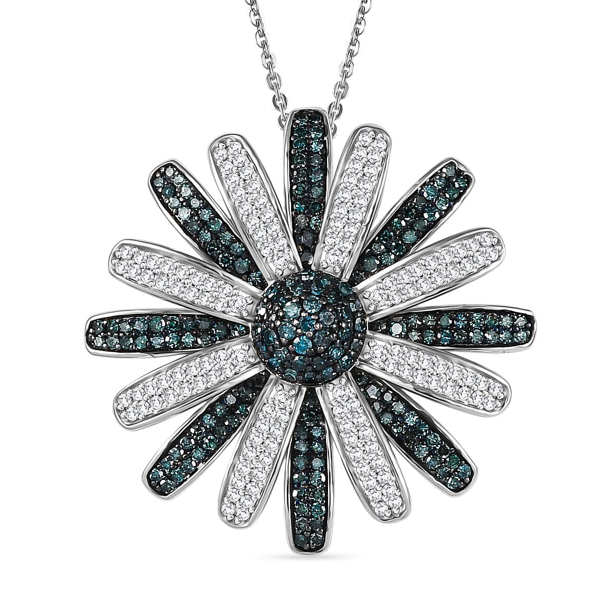 D'Joy White and Blue Diamond (IR) 1.50 ctw Midnight Bloom Flower Pendant Necklace in Rhodium Over Sterling Silver 20 Inches