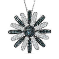 D'Joy White and Blue Diamond (IR) 1.50 ctw Midnight Bloom Flower Pendant Necklace in Rhodium Over Sterling Silver 20 Inches